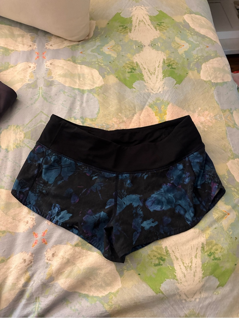 lululemon athletica Black Waistband with Blue Floral Athletic Shorts
